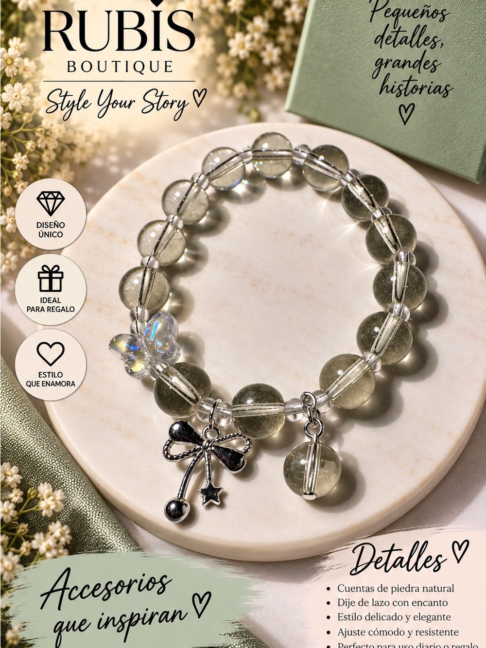 Green Crystal Beaded Charm Bracelet
